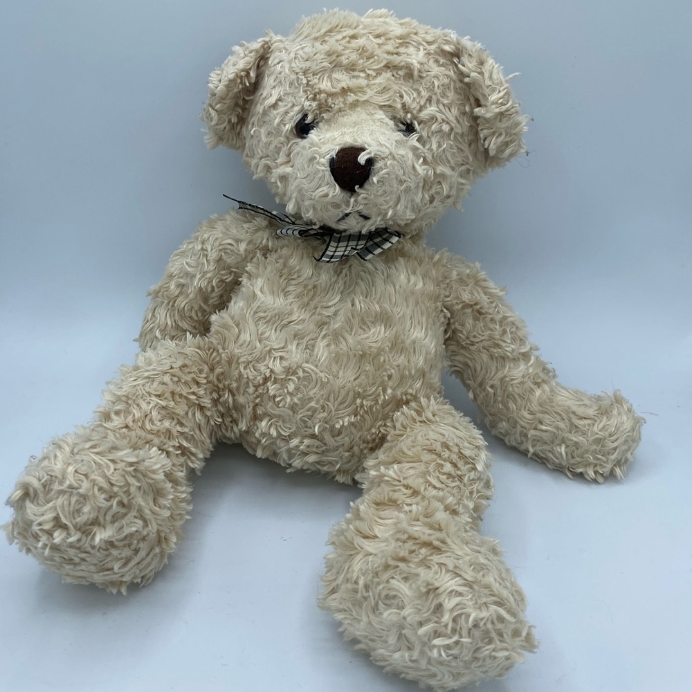 Orson 13" Plush Teddy Bear Cream Curly Fur Plaid Bow Stuffed Animal